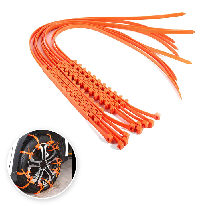 Orange skridsikring i plast med riflet greboverflade og strip-lås, med et lille rundt billede af stropperne monteret på et bilhjul