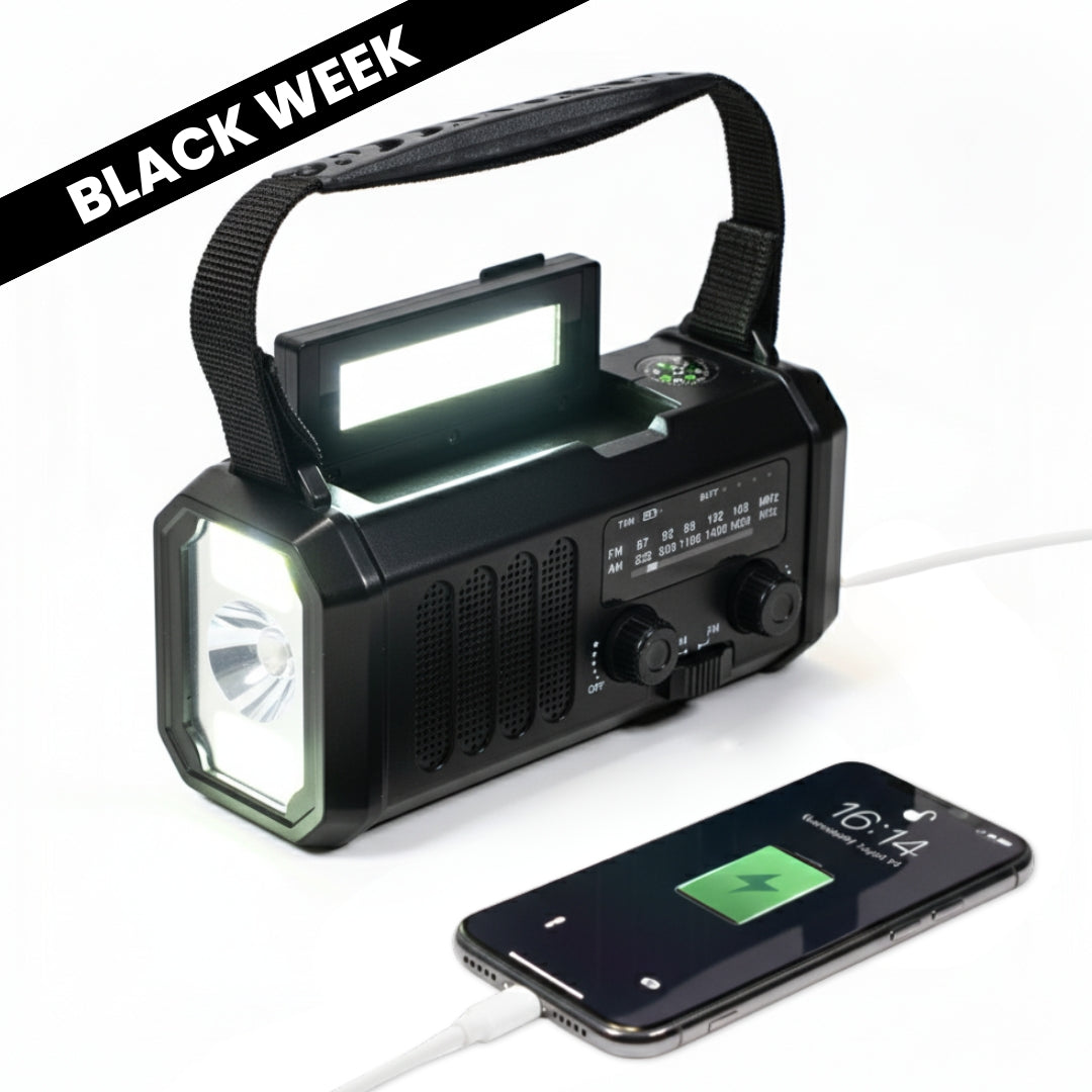 Nödradio - 10,000mAh inbyggd Powerbank, Lampa och Vevgenerator