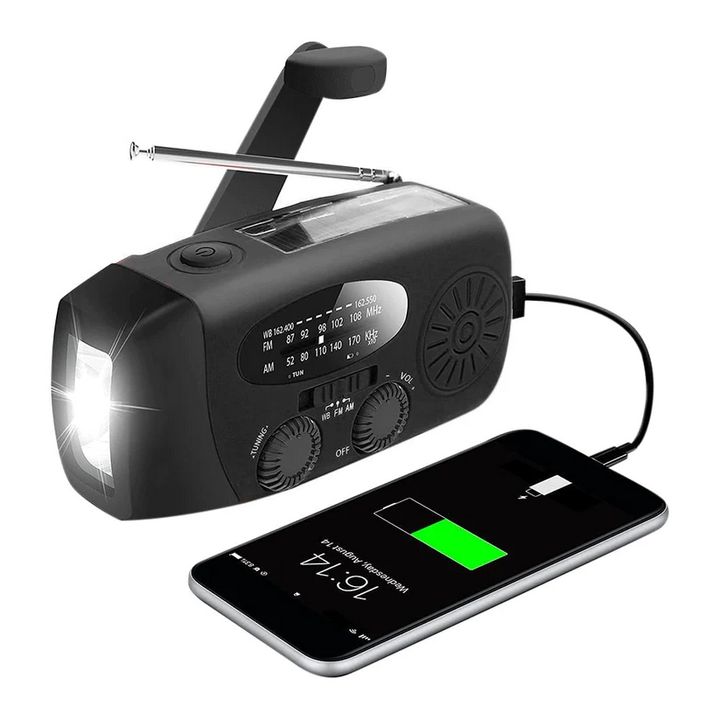Nødradio - 2000 mAh indbygget powerbank, lommelygte og solceller